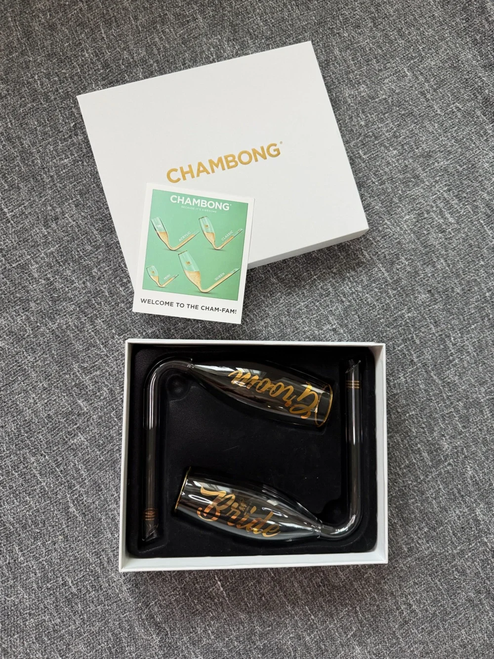 CHAMBONG - Bride & Groom Glass Champagne Flutes Shooters with gold accents